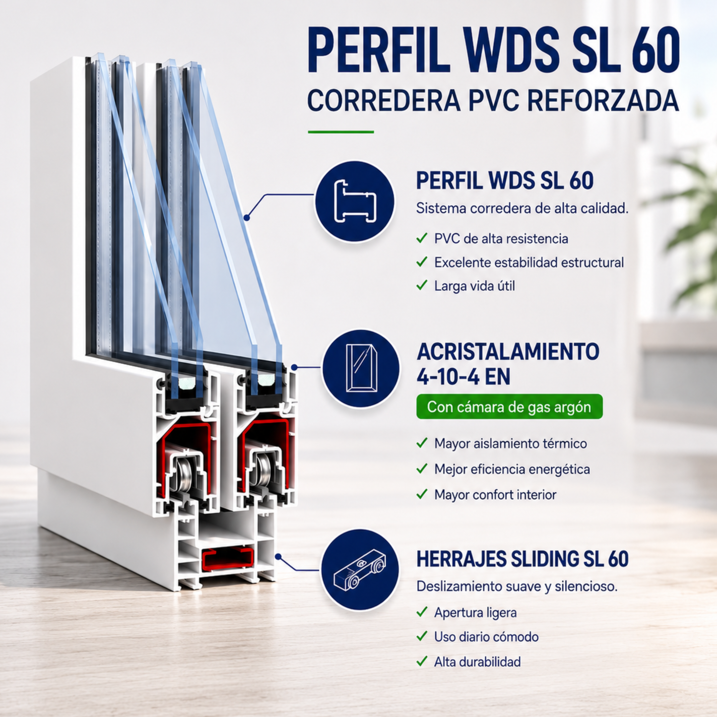 Ventana Corredera PVC Reforzado 1200x1000 Blanca | Transparente