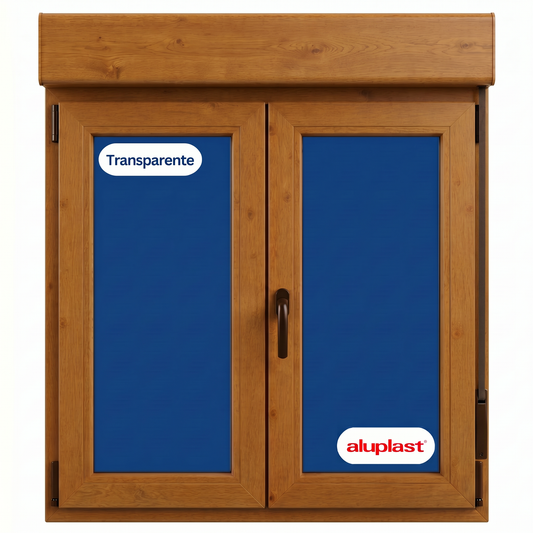 Ventana PVC Reforzado 1200x1355 2 Hojas Roble Dorado Oscilobatiente | Transparente | Persiana